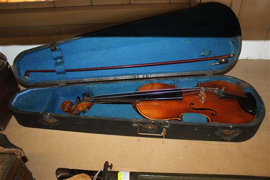 Full size cased violin (label bearing Stradivari) with bow